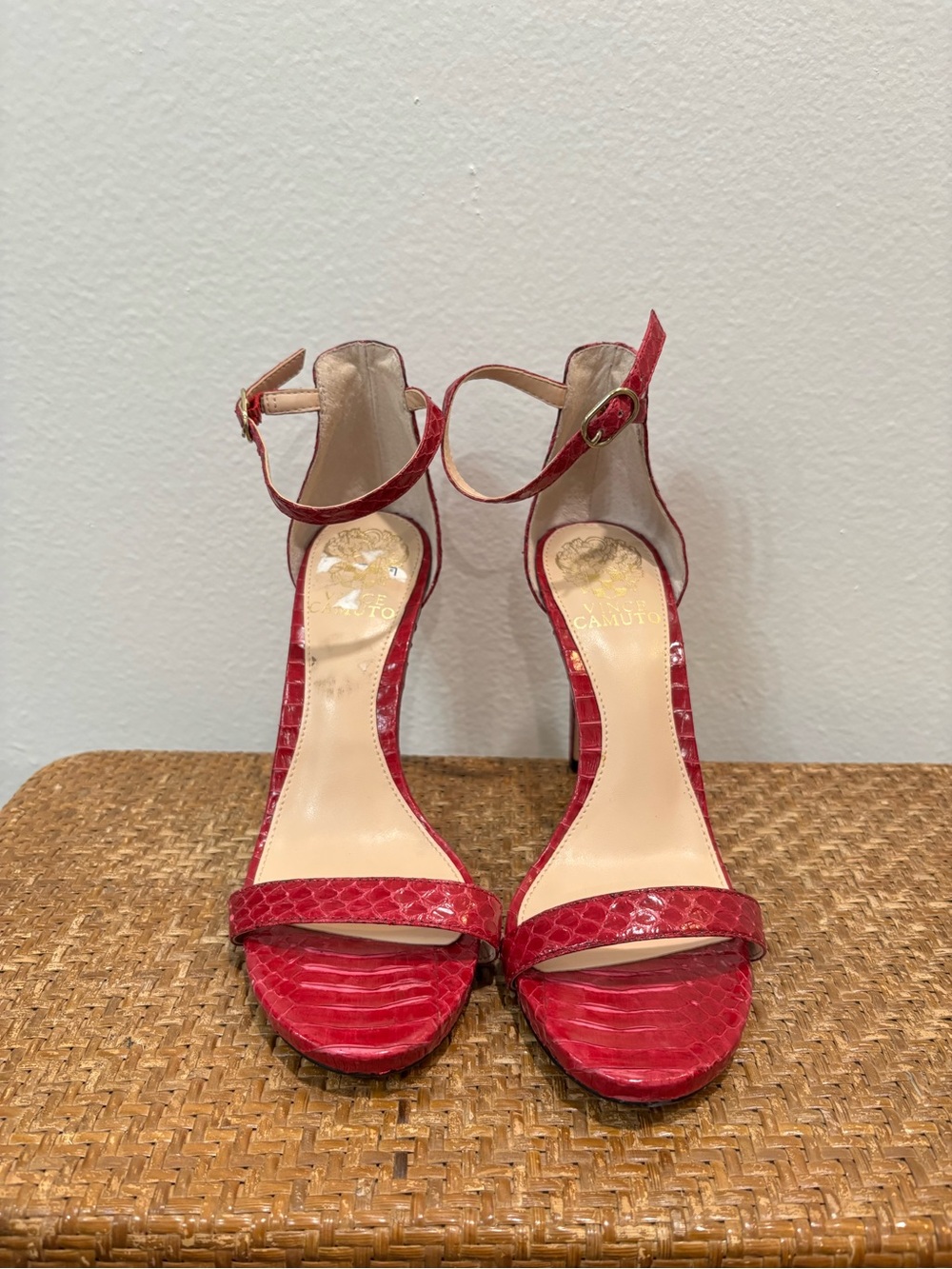 Vince Camuto Red Croc-Embossed Ankle-Strap Stilettos